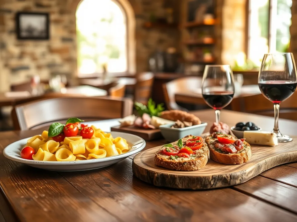 Tradycyjny toskański stół w Lukkce: tortelli, bruschetta, pecorino, wędliny, oliwki i czerwone wino w przytulnej trattorii.