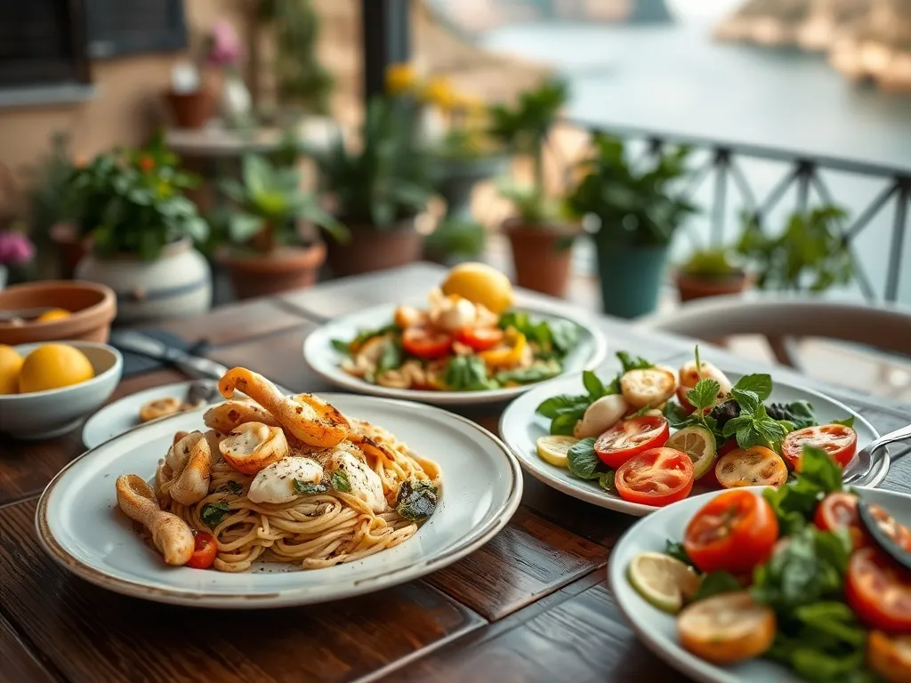 Stół w Sorrento zastawiony makaronem z owocami morza, sałatką caprese, grillowanymi warzywami i cytrynami na tle tarasu nad morzem