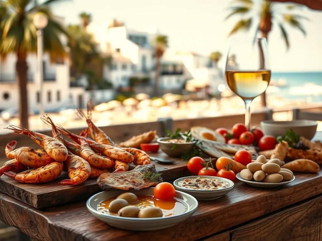 Tradycyjne andaluzyjskie tapas z owocami morza i warzywami na drewnianym stole, w tle słoneczne nadmorskie miasteczko.