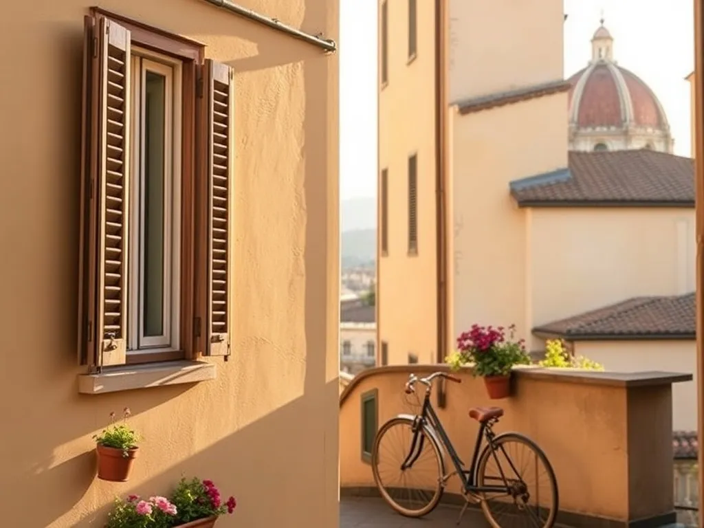 Przytulny mały hotel w centrum Florencji, w ciepłym świetle zachodu słońca, z widokiem na dachy i kopułę miasta.