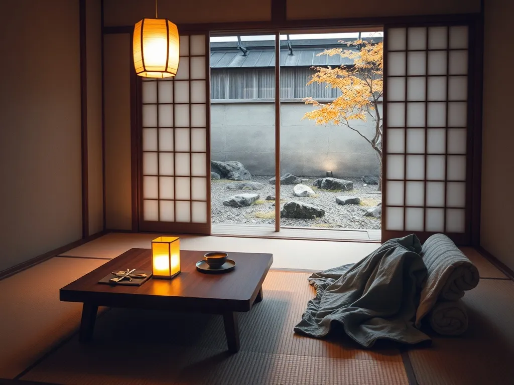 Przytulny, minimalistyczny pokój w stylu japońskim w Kanazawie z tatami, stołem do herbaty i widokiem na kamienny ogród