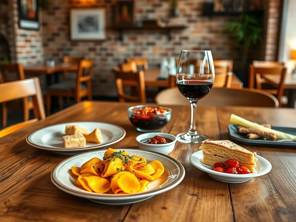 Rustykalny stół w trattorii z typowymi daniami Mantui: tortelli z dynią, sbrisoloną, mostardą i kieliszkiem czerwonego wina
