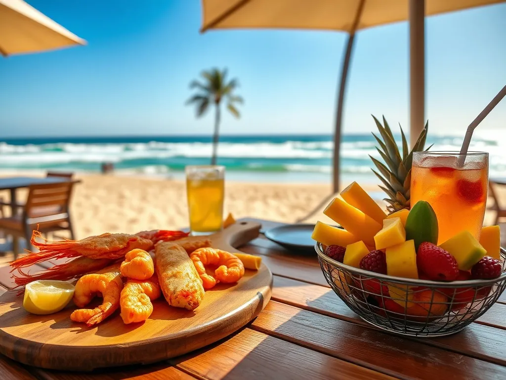 Talerz z grillowanymi krewetkami, fish and chips i tropikalnymi owocami w nadmorskiej kawiarni na słonecznym Gold Coast.