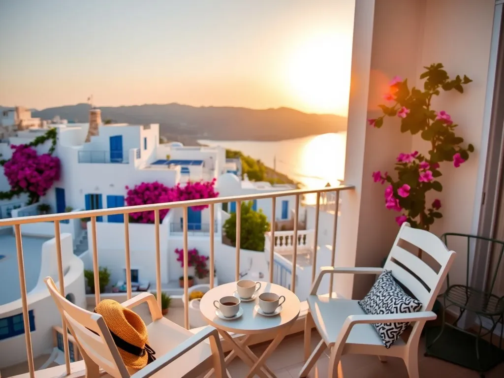 Przytulny grecki balkon z kawą i widokiem na białe domy, kwiaty bugenwilli oraz morze o zachodzie słońca.
