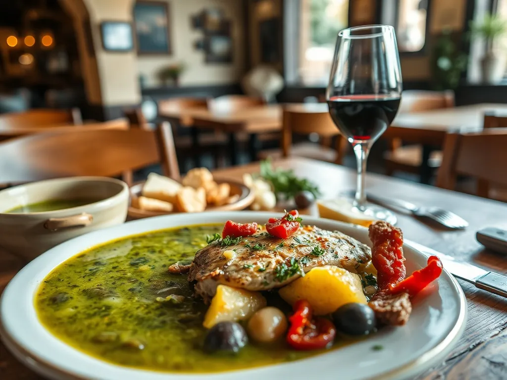 Tradycyjny portugalski stół w Coimbrze: caldo verde, bacalhau, chouriço, ser, chleb i czerwone wino w przytulnej tawernie.