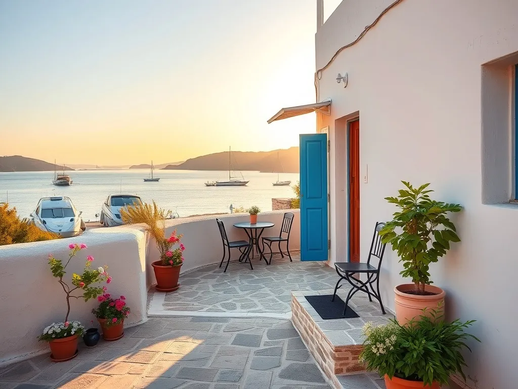 Przytulny biało‑niebieski pensjonat w Volos o zachodzie słońca, z widokiem na spokojną zatokę i zacumowane łódki.