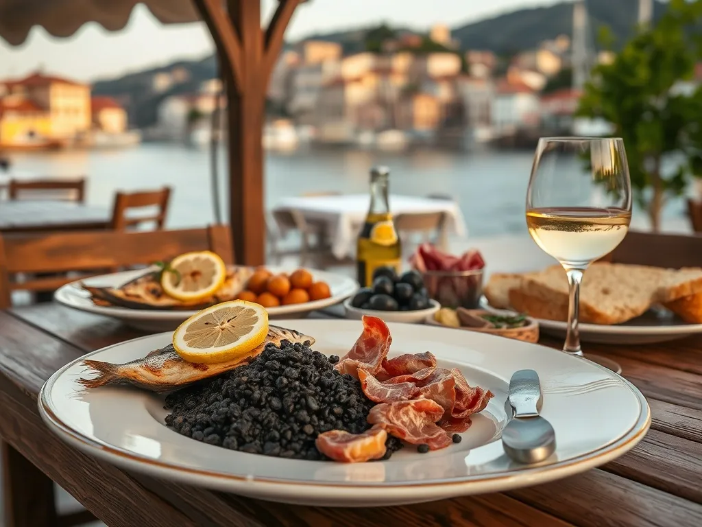 Tradycyjny dalmatyński obiad w nadmorskiej restauracji w Szybeniku, grillowana ryba, czarne risotto, wino i widok na stare miasto.