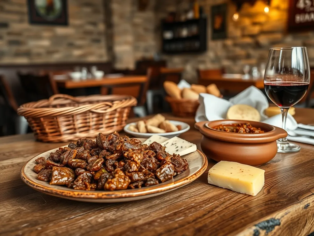 Tradycyjne tapas z Burgos: morcilla, cecina, ser owczy, gulasz, chleb i czerwone wino w przytulnej kastylijskiej restauracji.