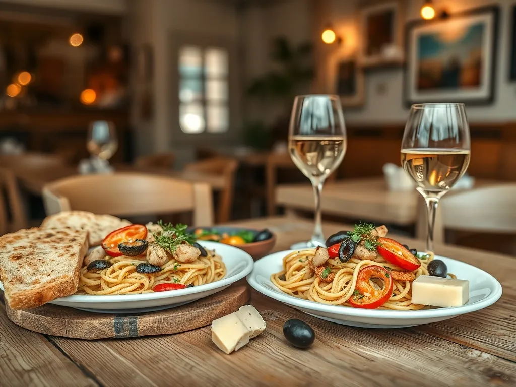 Tradycyjne sardyńskie dania: makaron z owocami morza, pane carasau, ser owczy, oliwki i białe wino w przytulnej trattorii.