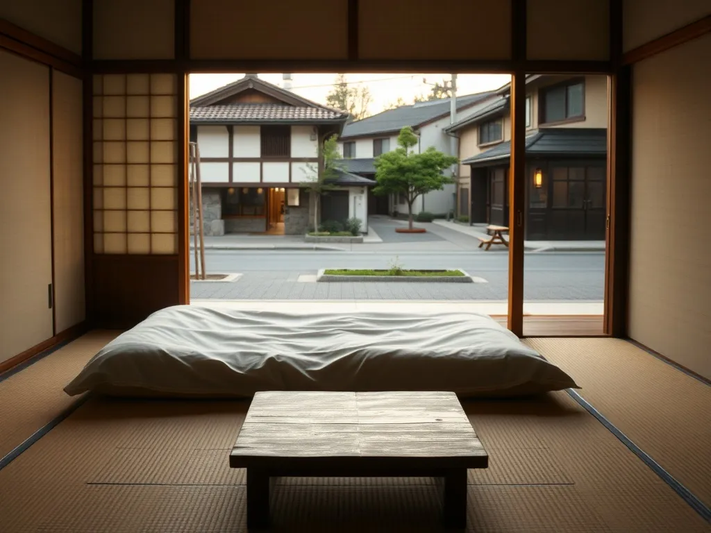 Przytulny pokój ryokan w Nara z tatami, futonem i widokiem na spokojną uliczkę z tradycyjnymi drewnianymi domami.