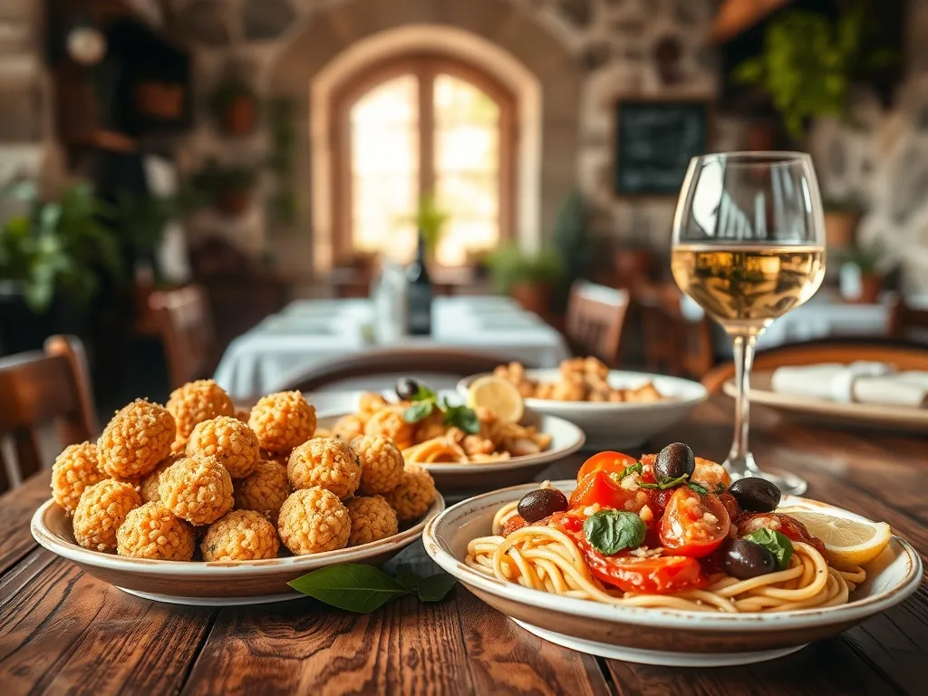 Tradycyjne sycylijskie dania w trattorii w Syrakuzach: arancini, owoce morza, makaron, oliwki, cytrusy i białe wino