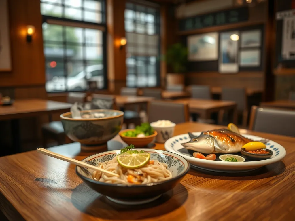 Tradycyjny stół w Matsuyamie: miska udonu, grillowana ryba, cytrusy yuzu i lokalne przystawki w przytulnej restauracji