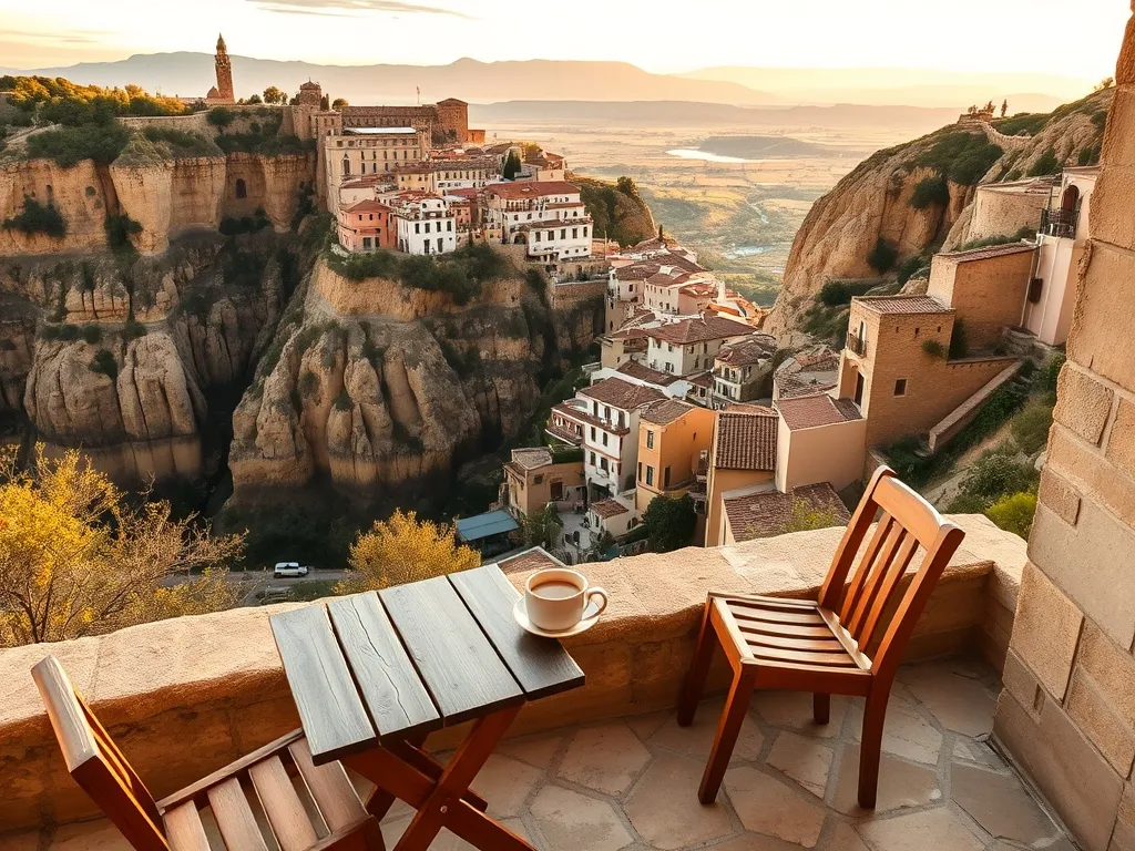 Taras z kawą z widokiem na wiszące domy w Cuenca podczas złotej godziny, spokojna atmosfera idealna na nocleg w mieście.