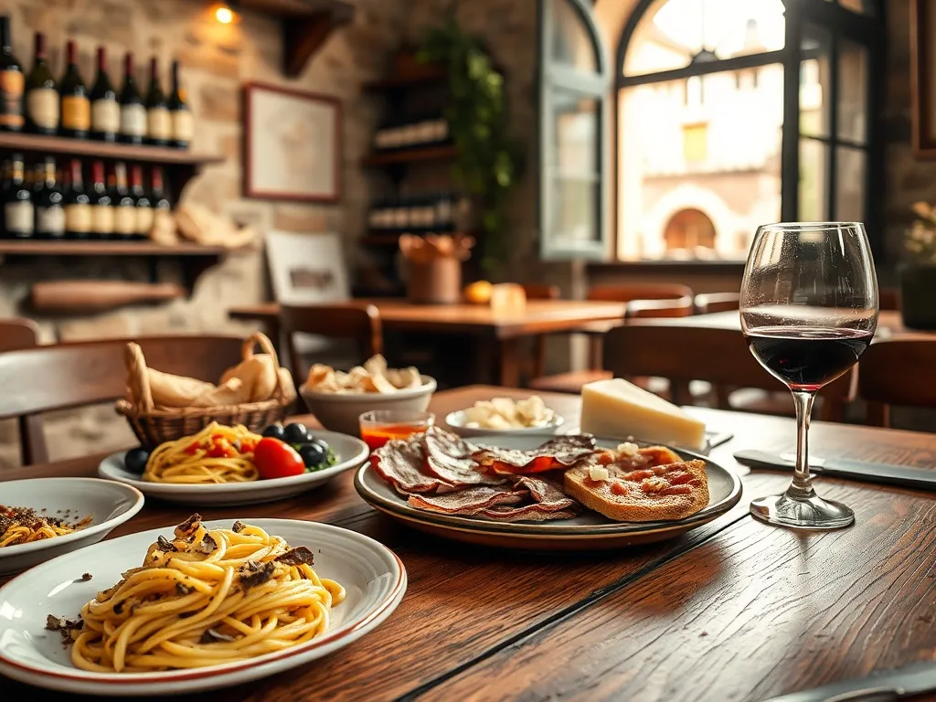 Stół w perugijskiej trattorii z umbrojskimi daniami: makaron z truflami, bruschetta, sery, wędliny i czerwone wino.