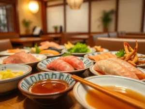 Tradycyjny stół w Kanazawie z lokalnymi daniami: sushi, sashimi, krab, przystawki i miso w przytulnej japońskiej restauracji.
