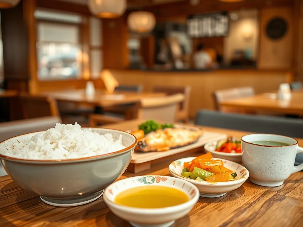 Tradycyjny japoński posiłek z ryżem, grillowaną rybą, kiszonkami i zieloną herbatą na drewnianym stole w przytulnej restauracji