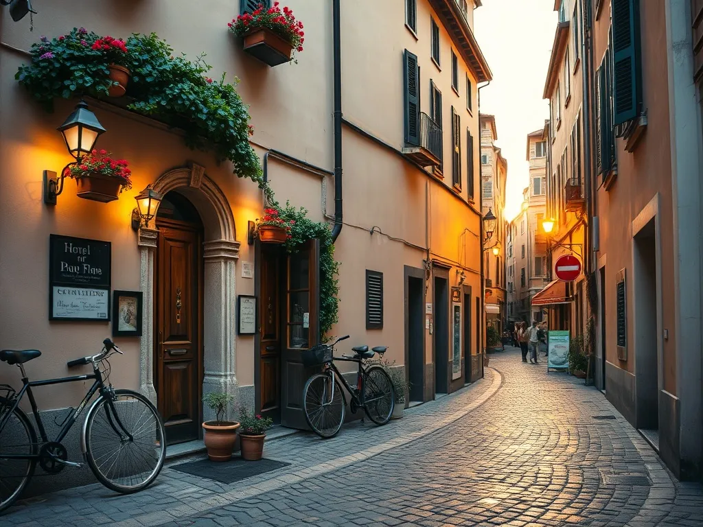 Urokliwa uliczka w Weronie o złotej godzinie, wejście do małego hotelu z ciepłym światłem i romantyczną atmosferą noclegu