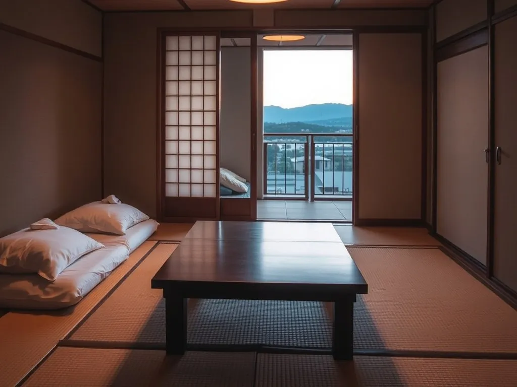 Przytulny pokój w stylu japońskim w Matsuyamie z futonami i tatami, z widokiem z balkonu na spokojne miasto o zmierzchu.