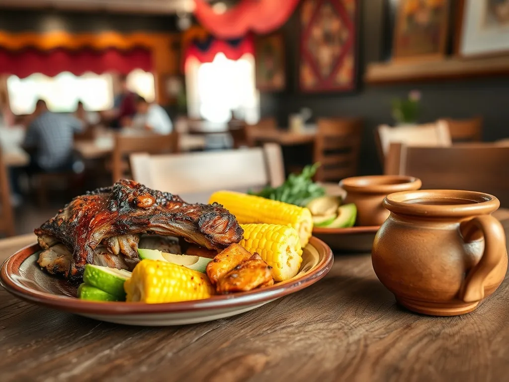 Tradycyjne dania kuchni Cuenca: pieczona wieprzowina, zupa locro de papa, kukurydza, awokado i ziołowa herbata na drewnianym stole.