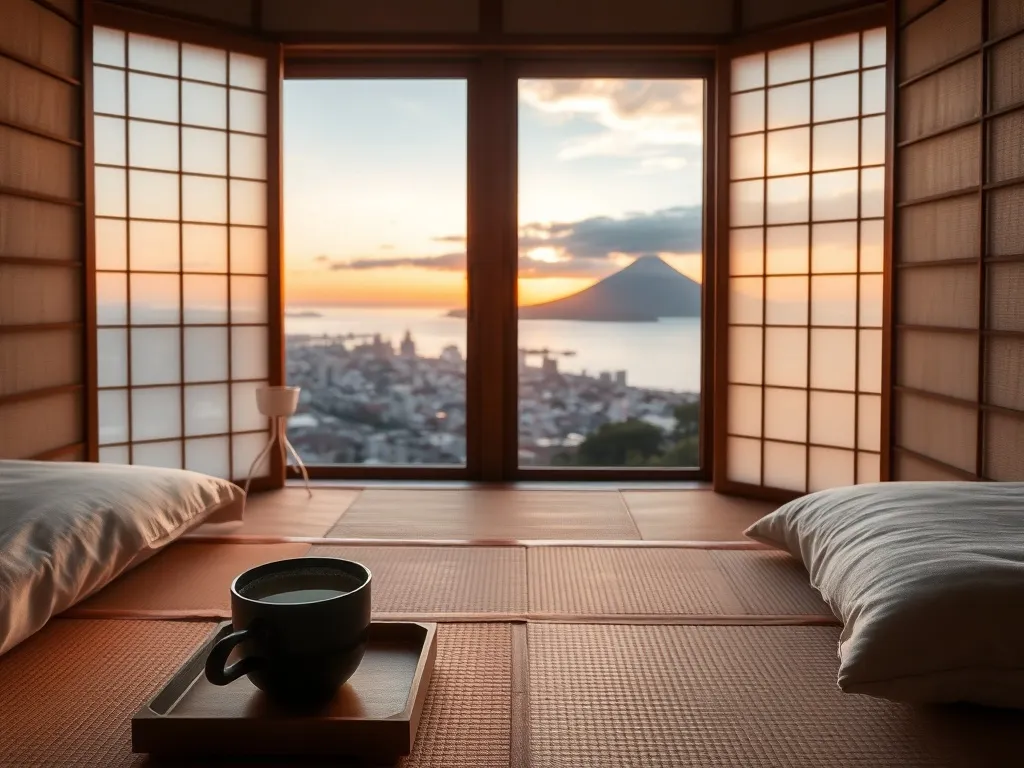 Przytulny pokój w stylu japońskim z widokiem na zatokę, panoramę Kagoshimy i wulkan o zachodzie słońca, idealny nocleg w Japonii