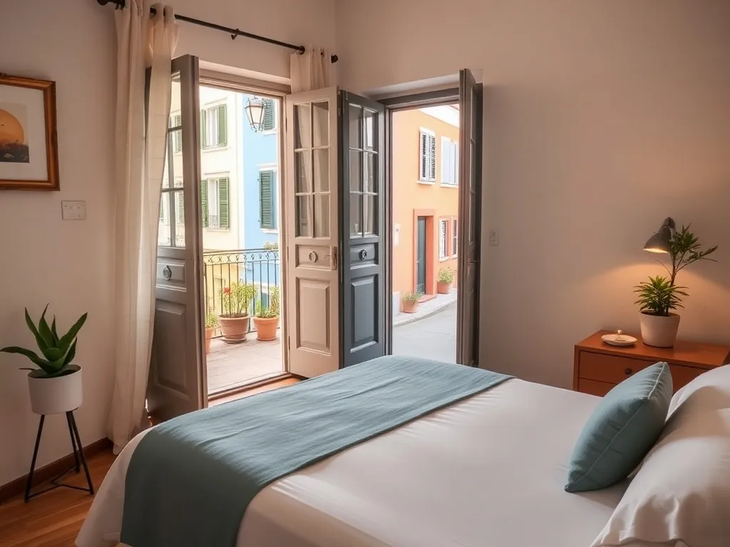 Przytulny pokój w butikowym hotelu w Neapolu z balkonem na wąską uliczkę, idealny na nocleg w sercu miasta.