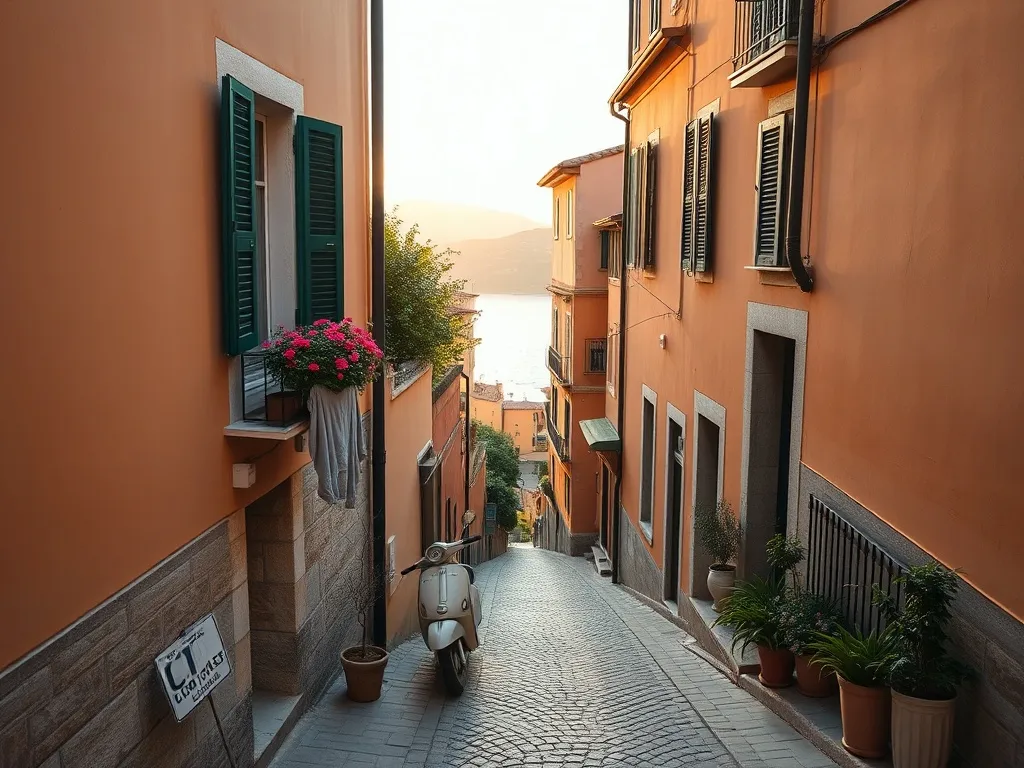 Urokliwa uliczka w Palermo o złotej godzinie, z balkonem, skuterem i widokiem na morze, zachęcająca do noclegu w okolicy