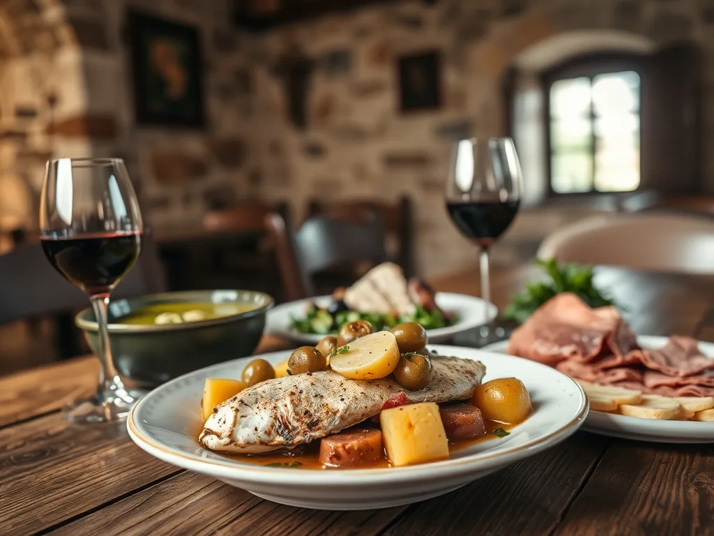 Tradycyjny stół w bragańskiej tawernie: caldo verde, grillowany dorsz, lokalne wędliny, sery i kieliszek czerwonego wina