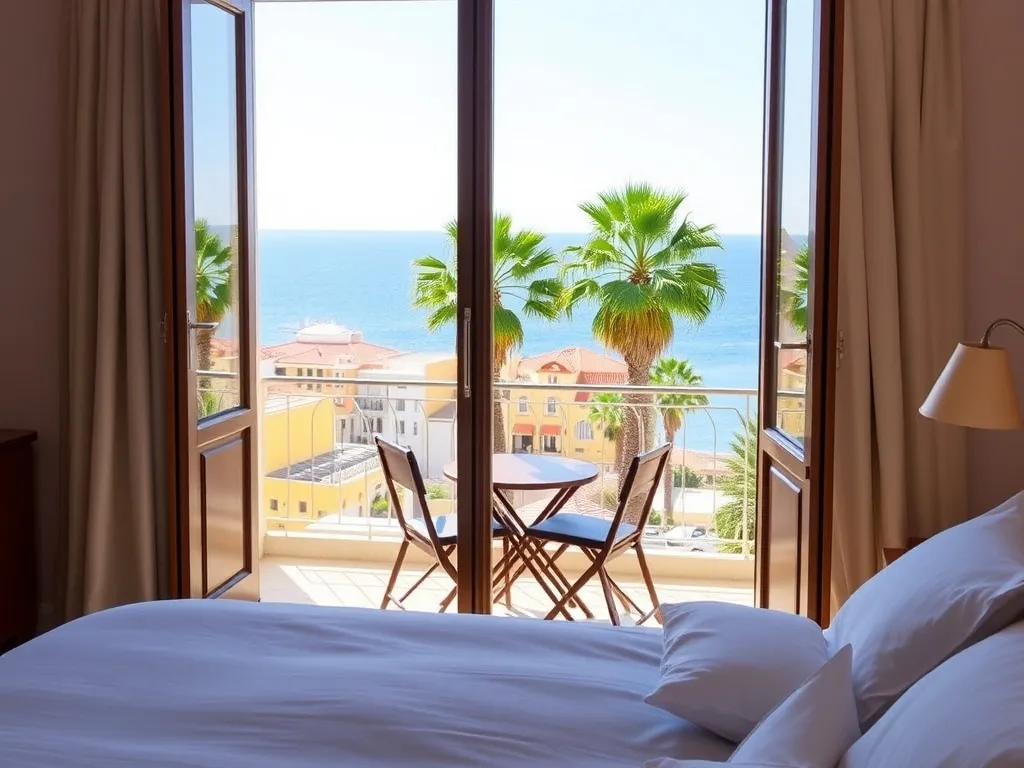 Przytulny pokój hotelowy w Gijón z balkonem i widokiem na kolorowe budynki, palmy oraz zatokę Biskajską.