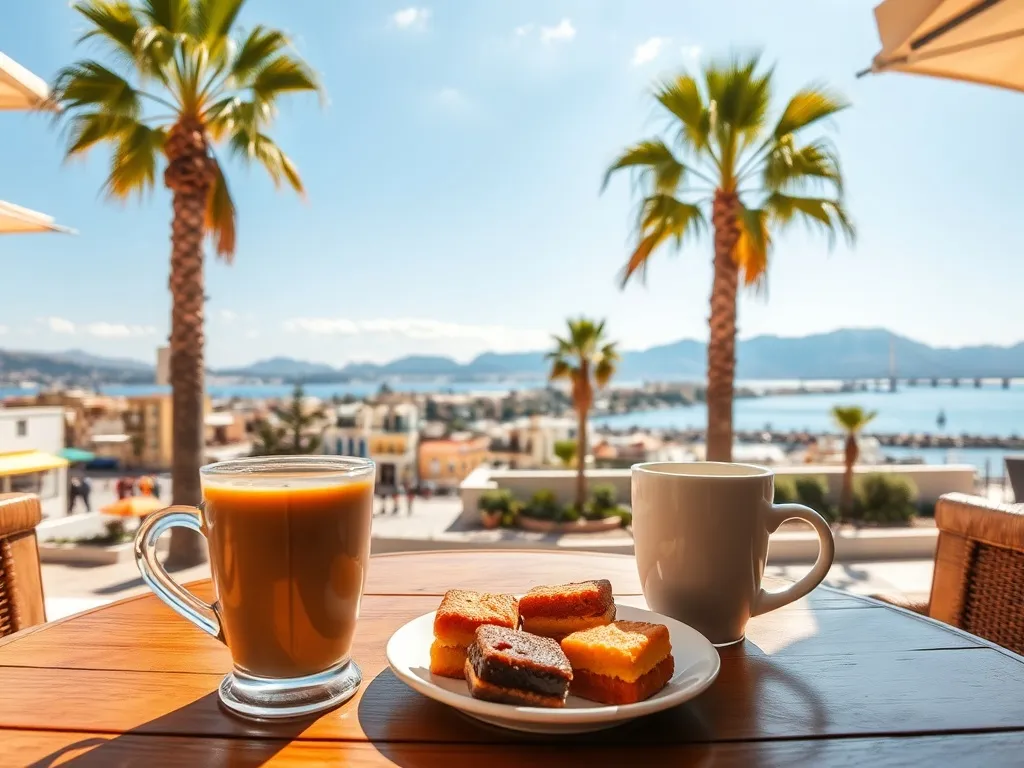 Widok z kawiarni na nabrzeże Patras, kolorowe budynki, palmy i most Rio-Antirio w ciepłym, wakacyjnym świetle