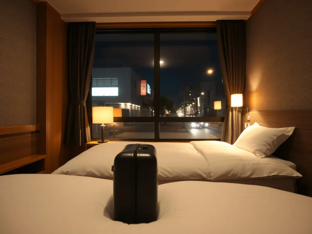Przytulny, nowoczesny pokój hotelowy w Utsunomiyi nocą, z łóżkiem, walizką i widokiem na spokojną, oświetloną ulicę.