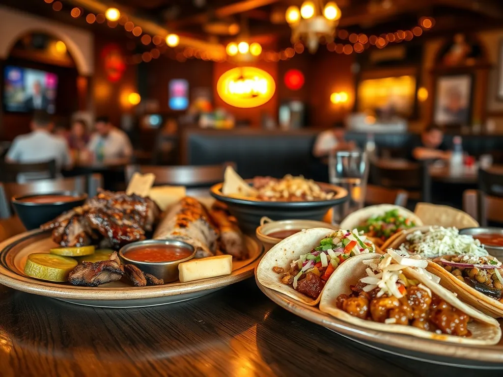 Teksaskie dania w houstońskiej restauracji: brisket, tacos, chili i cornbread na rustykalnym stole w przytulnym wnętrzu.