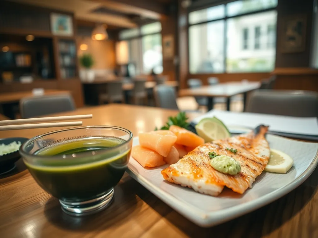 Tradycyjny japoński posiłek z zieloną herbatą, sashimi i grillowaną rybą w przytulnej restauracji w Shizuoce