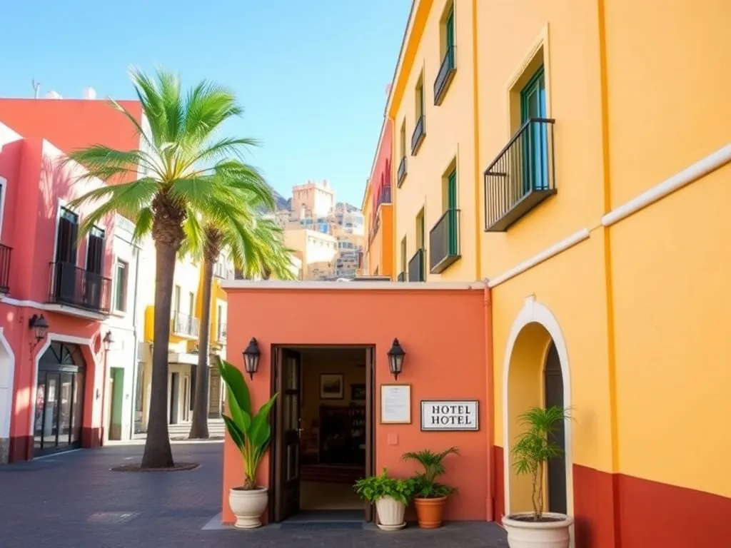 Słoneczna uliczka w Santa Cruz de Tenerife z wejściem do przytulnego hotelu, palmami i wakacyjną, spokojną atmosferą.