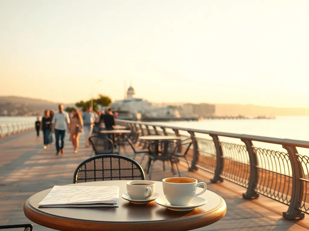 Kawiarniany stolik z mapą i kawą przy nadmorskiej promenadzie w Salonikach, w tle Biała Wieża i spacerujący ludzie.