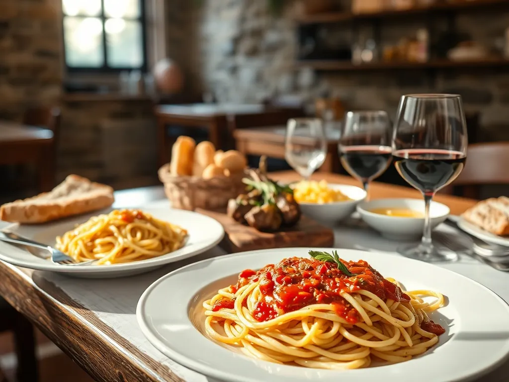 Tradycyjny stół z daniami Abruzji: spaghetti alla chitarra, arrosticini, szafranowe risotto, chleb i czerwone wino.