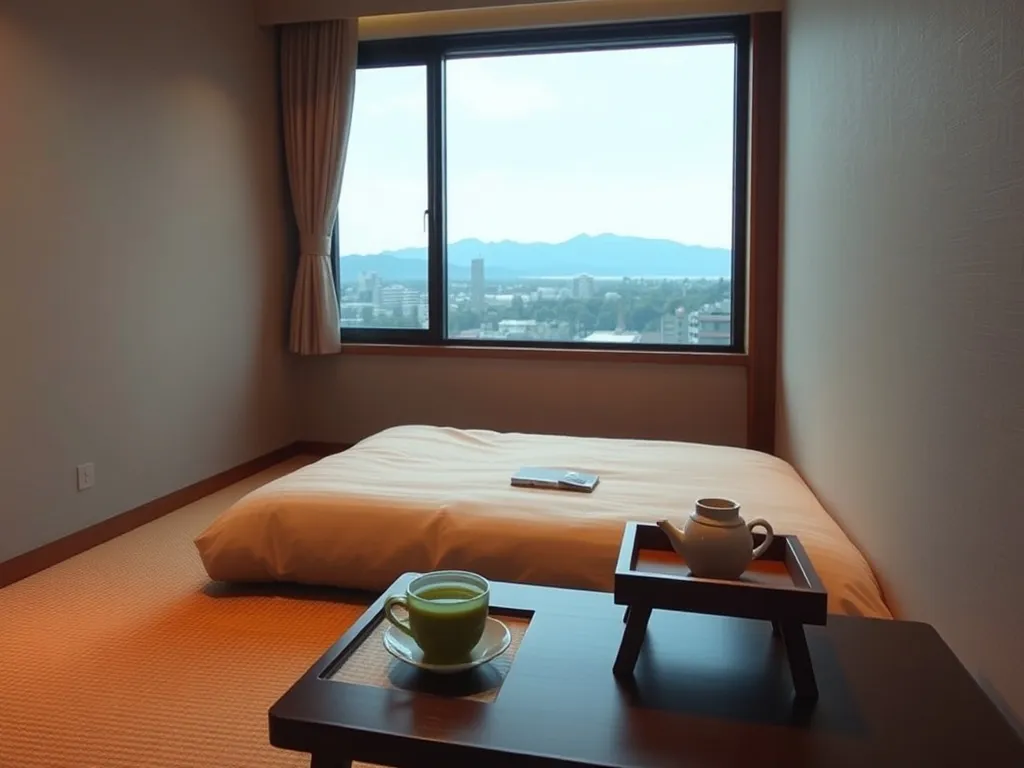 Przytulny, nowoczesny pokój hotelowy w Niigacie z niskim łóżkiem, herbatą na stoliku i widokiem na spokojne miasto oraz góry