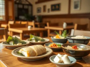 Tradycyjny stół w Narze z kakinoha-zushi, miską gorącego makaronu, kiszonkami i tofu w przytulnym, drewnianym wnętrzu.