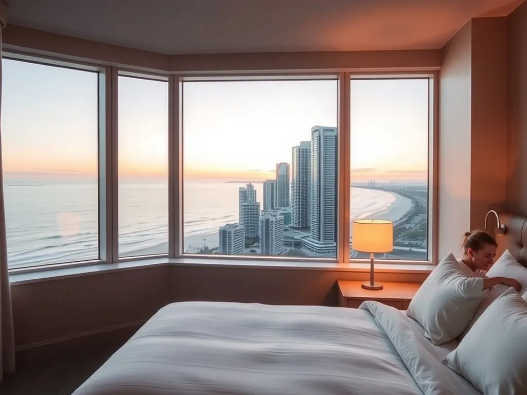 Przytulny, nowoczesny pokój hotelowy z widokiem na wieżowce Gold Coast i ocean o zachodzie słońca, idealny na wakacyjny nocleg.