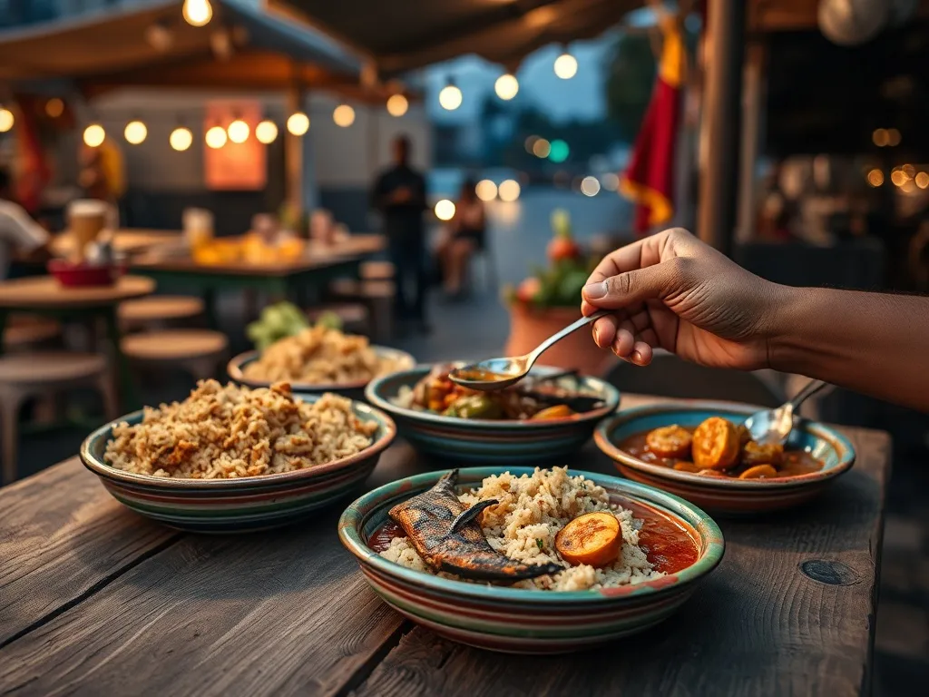 Tradycyjne dania Lagos: jollof rice, grillowana ryba, smażone plantany i pikantna potrawka w przytulnym street food barze.