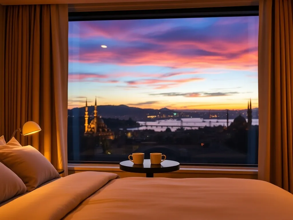 Przytulny pokój hotelowy z widokiem na panoramę Stambułu o zmierzchu, idealne miejsce na nocleg z widokiem na Bosfor.