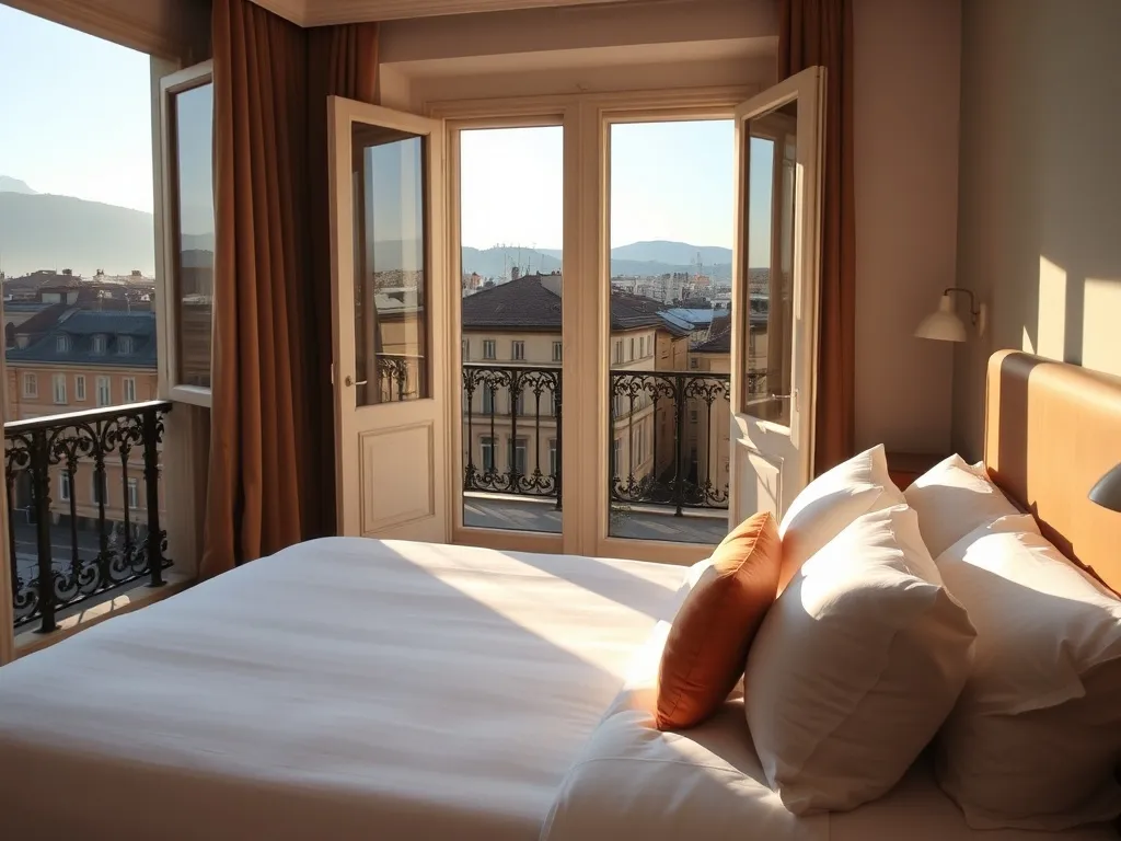 Przytulny pokój hotelowy w Turynie z balkonem na elegancką ulicę i wzgórza, idealne miejsce na nocleg we Włoszech.