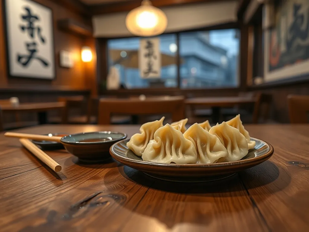 Gyoza na ceramicznym talerzu z sosem i pałeczkami na drewnianym stole w przytulnej izakayii w Utsunomiyi wieczorem