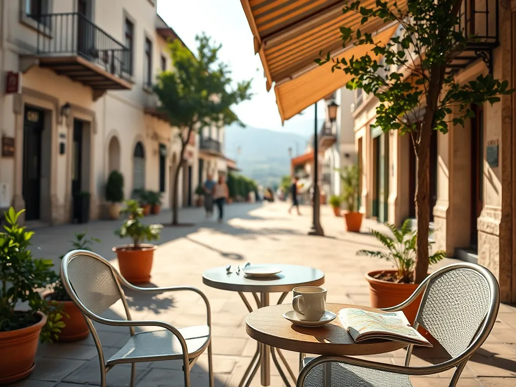 Przytulna kawiarnia w Larisie o poranku, kawa i mapa na stoliku zachęcają do zwiedzania greckiego miasta