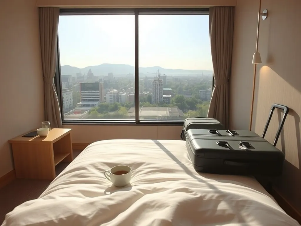 Przytulny, nowoczesny pokój hotelowy w Okayamie z widokiem na miasto i wzgórza, idealny jako baza do zwiedzania regionu.