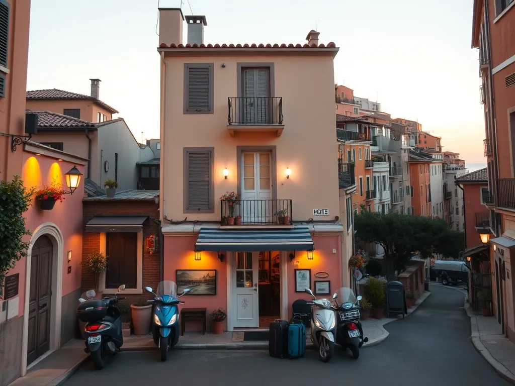 Przytulny hotel w Genui o zachodzie słońca przy wąskiej uliczce ze skuterami i walizkami, z widokiem na morze w tle.