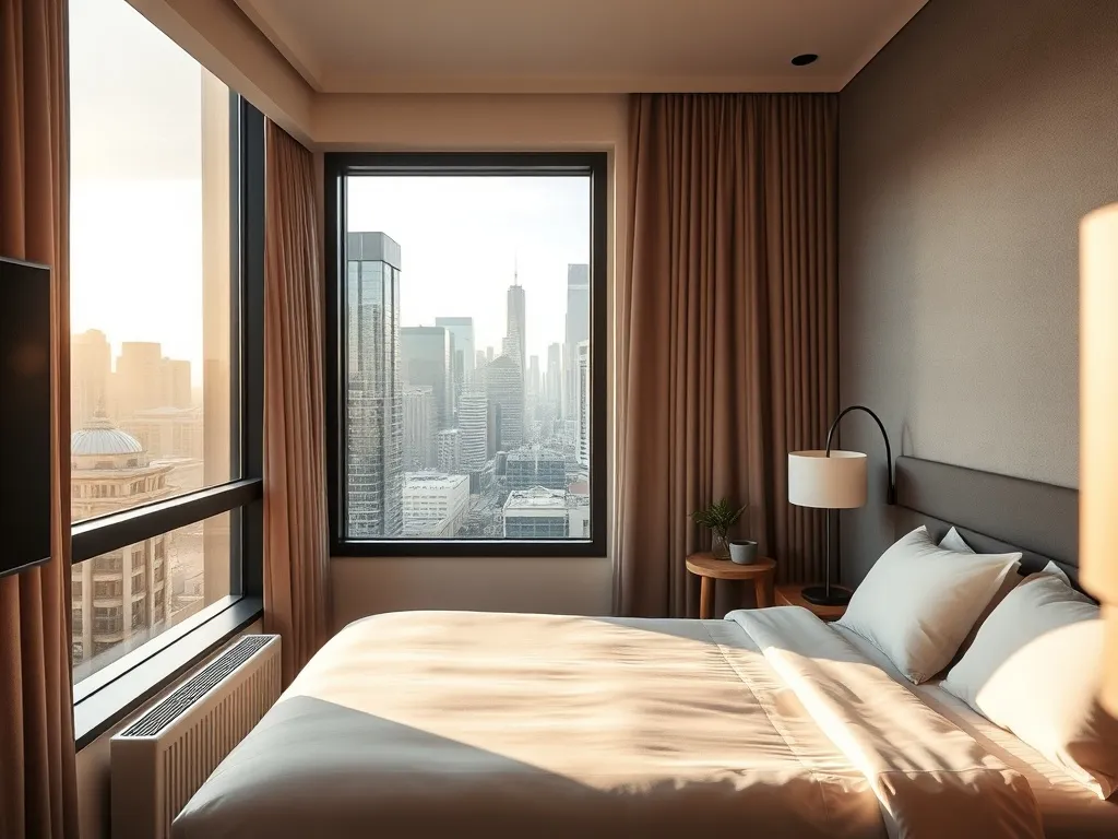 Przytulny, nowoczesny pokój hotelowy w Melbourne z widokiem na panoramę miasta przez duże okno.