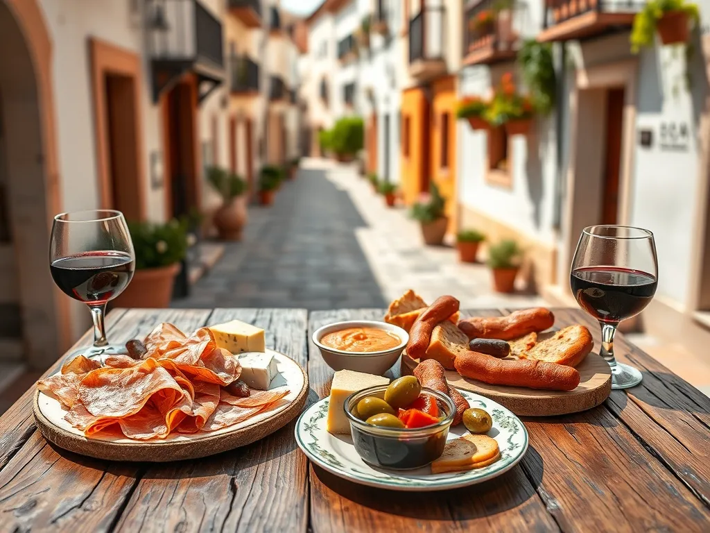 Andaluzyjskie tapas na drewnianym stole: jamón serrano, kozi ser, chorizo, oliwki i gazpacho, w tle ulica Rondy
