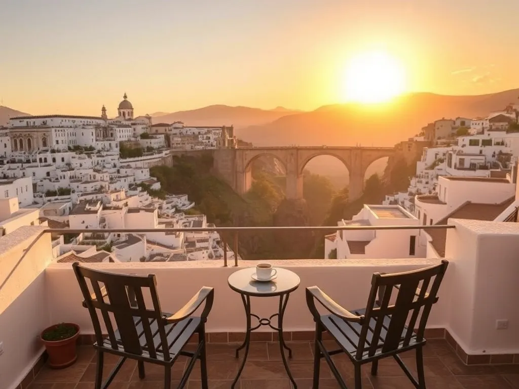 Poranek w Rondzie: taras z kawą z widokiem na białe domy, wąwóz i most Puente Nuevo oświetlone złotym słońcem.