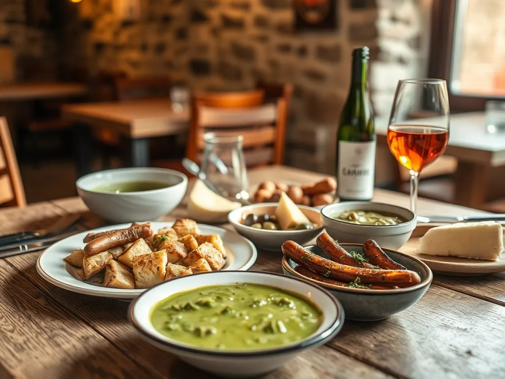 Tradycyjny stół w Guimarães z bacalhau, caldo verde, kiełbasą, serem, oliwkami i czerwonym vinho verde w przytulnej tawernie.