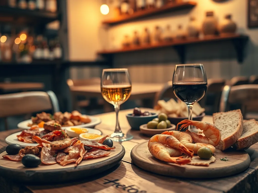 Tradycyjne andaluzyjskie tapas z kieliszkiem sherry w przytulnej tawernie w Jerez de la Frontera, lokalna kuchnia.